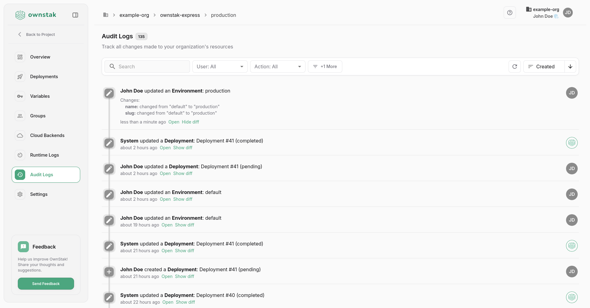 OwnStak Audit Logs