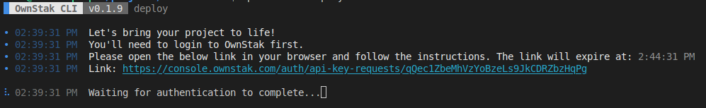 Ownstak deploy login prompt