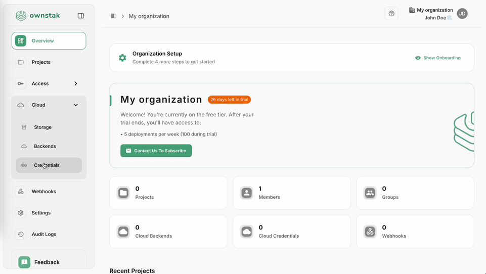 OwnStak Cloud Credentials