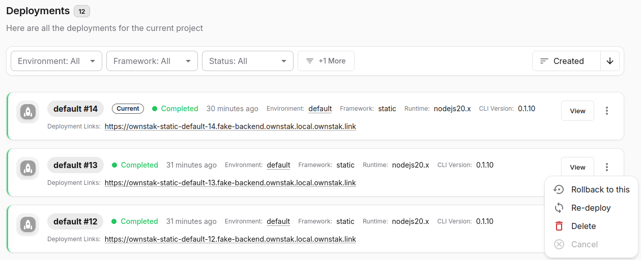 Ownstak deployments page