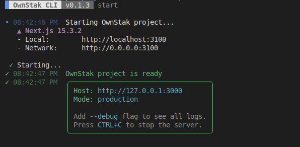 Ownstak start command output