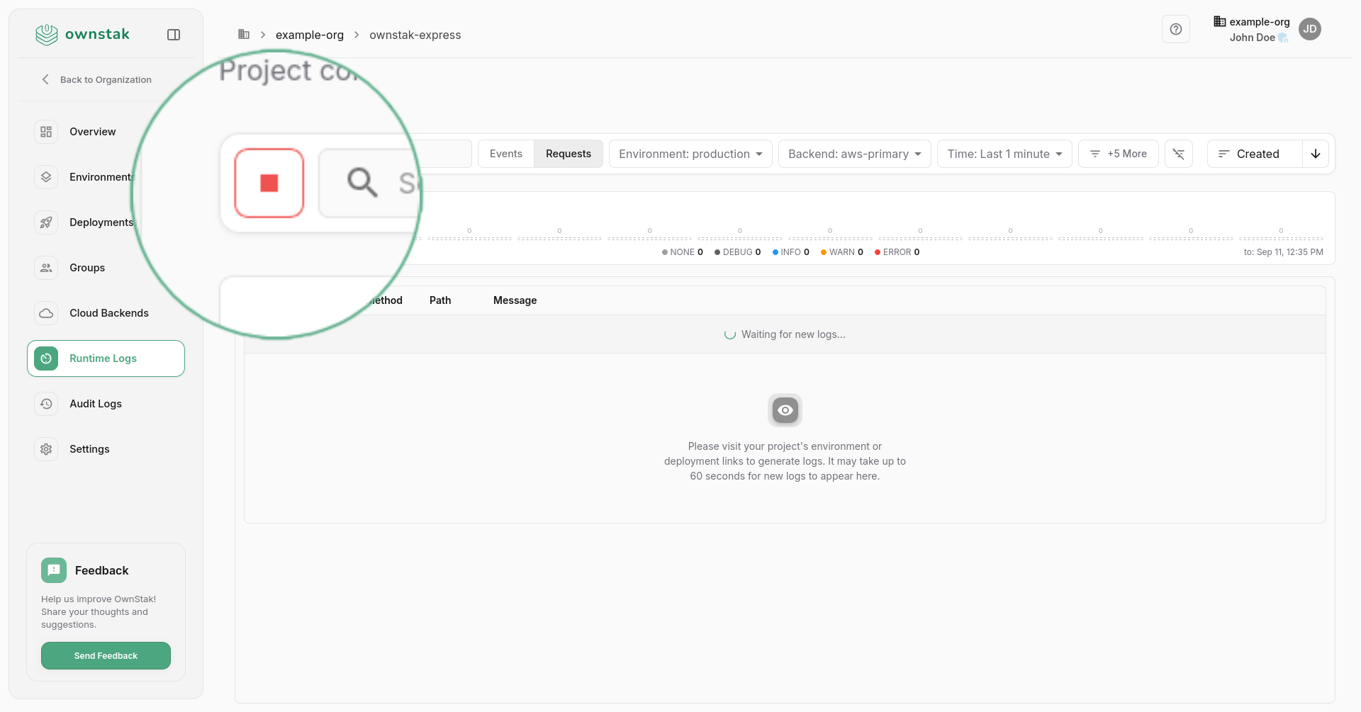 OwnStak Runtime Logs Live