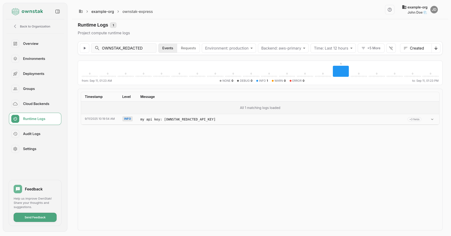 OwnStak Runtime Logs Redaction