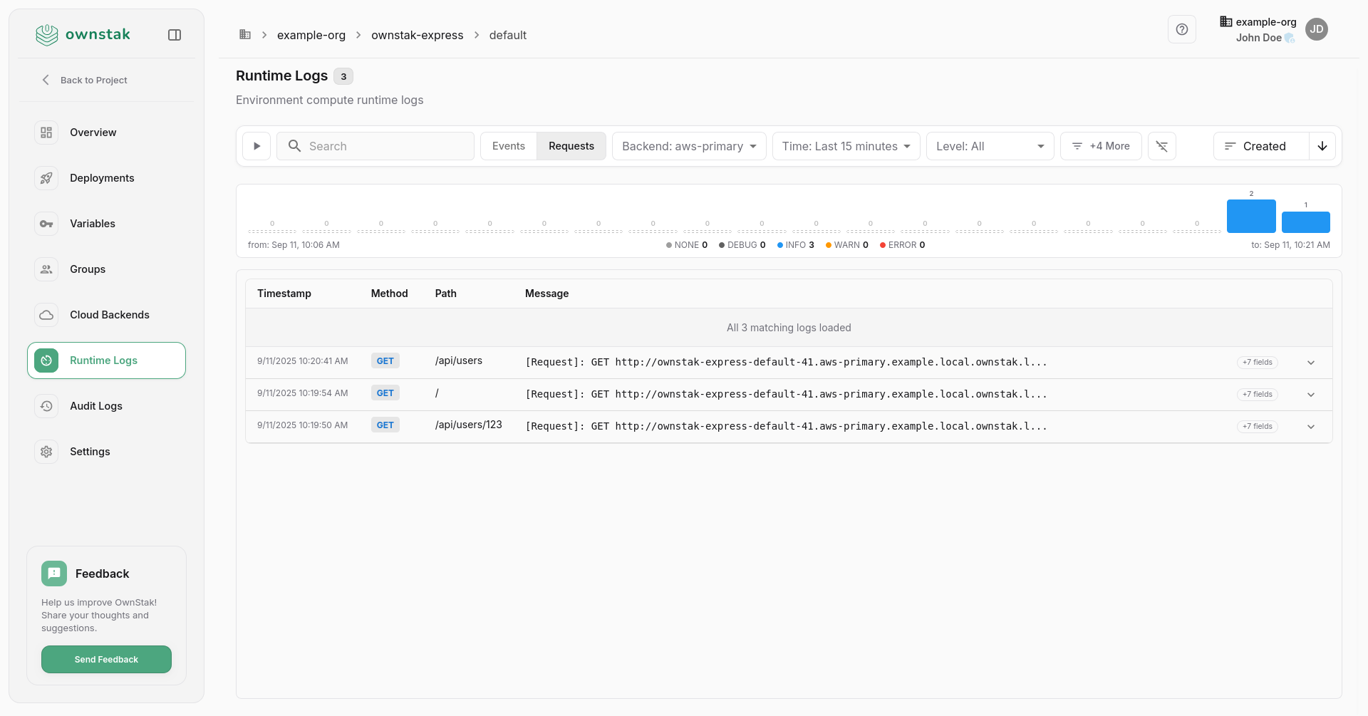 OwnStak Runtime Logs Requests