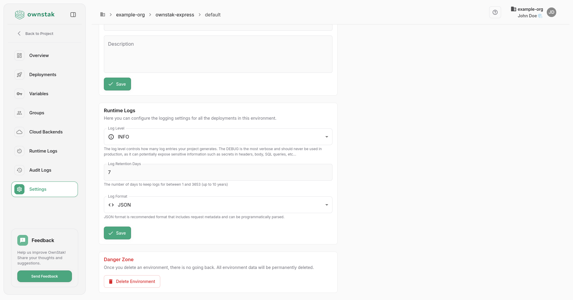 OwnStak Runtime Logs Settings