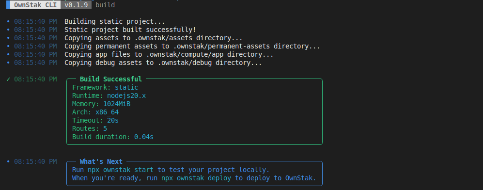 Ownstak build output